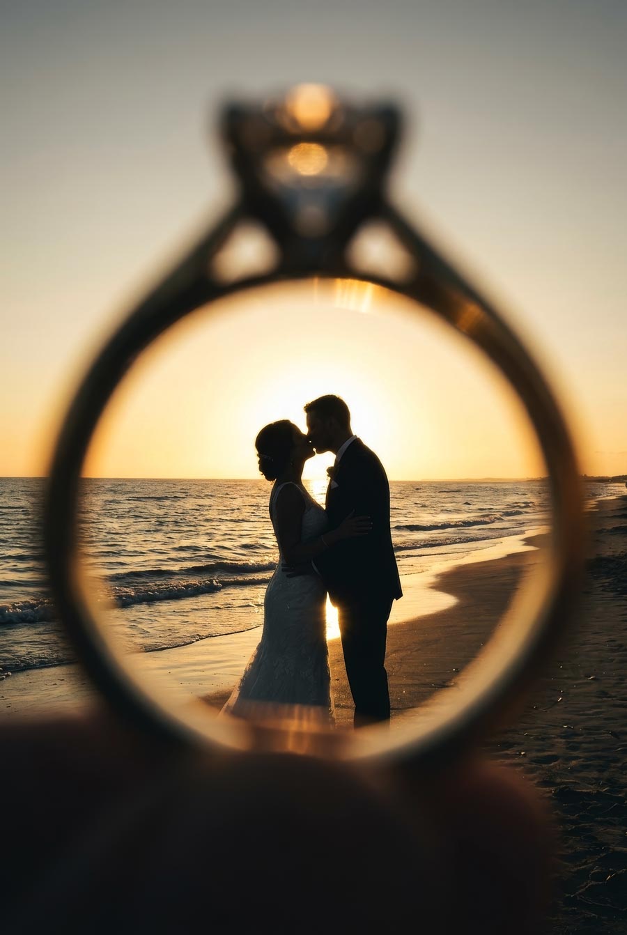 Novios abrazados junto al mar